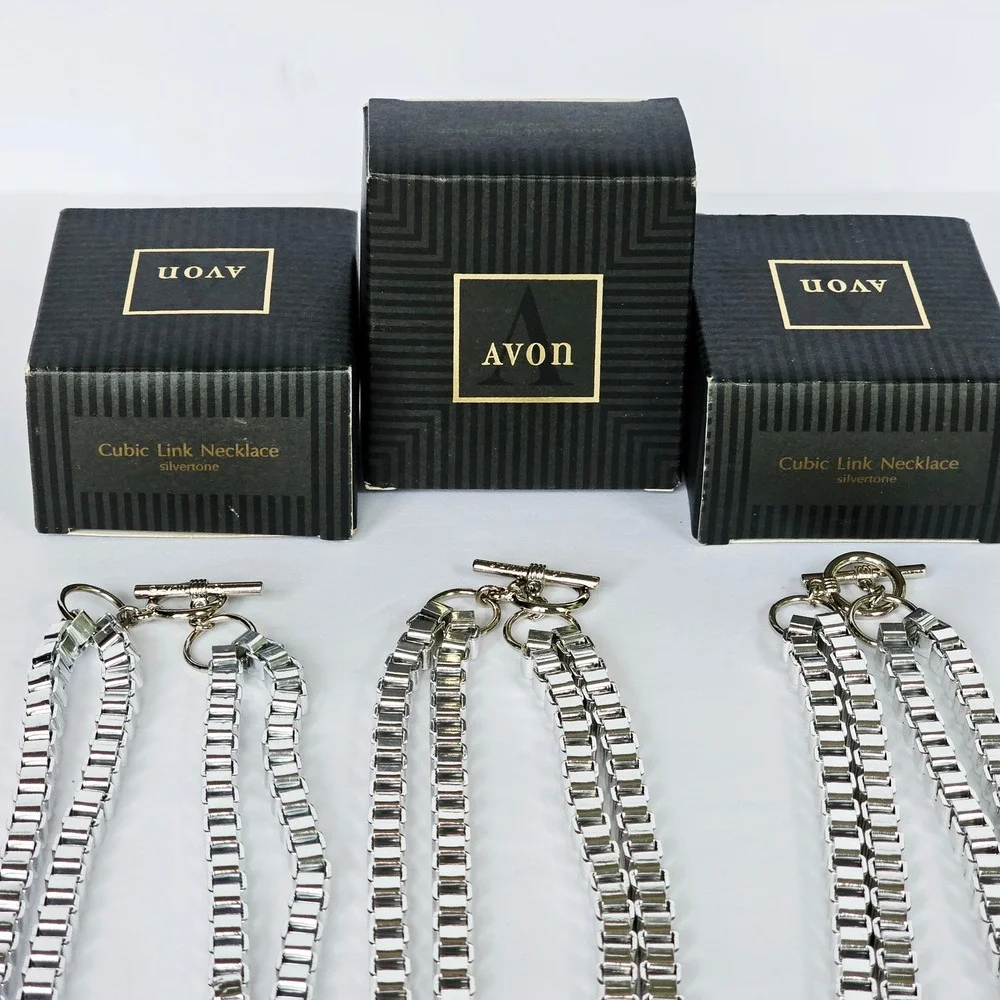 NIB Set of 3 90's Cubic Link Necklace Silvertone Toggle Box Chain Industrial Y2K